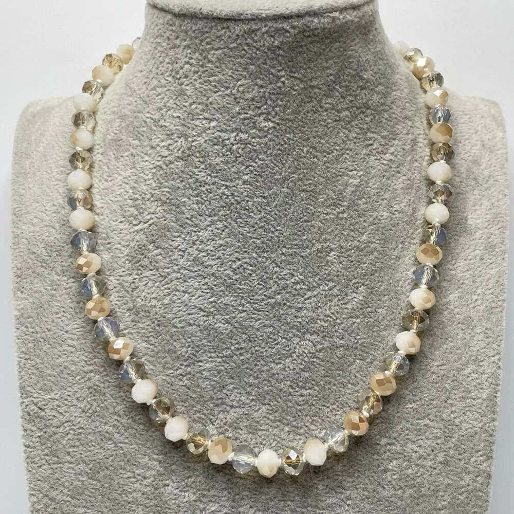 Stunning Cream Beige Glass Rondel Beaded Knotted Necklace Boho Fashion Statement